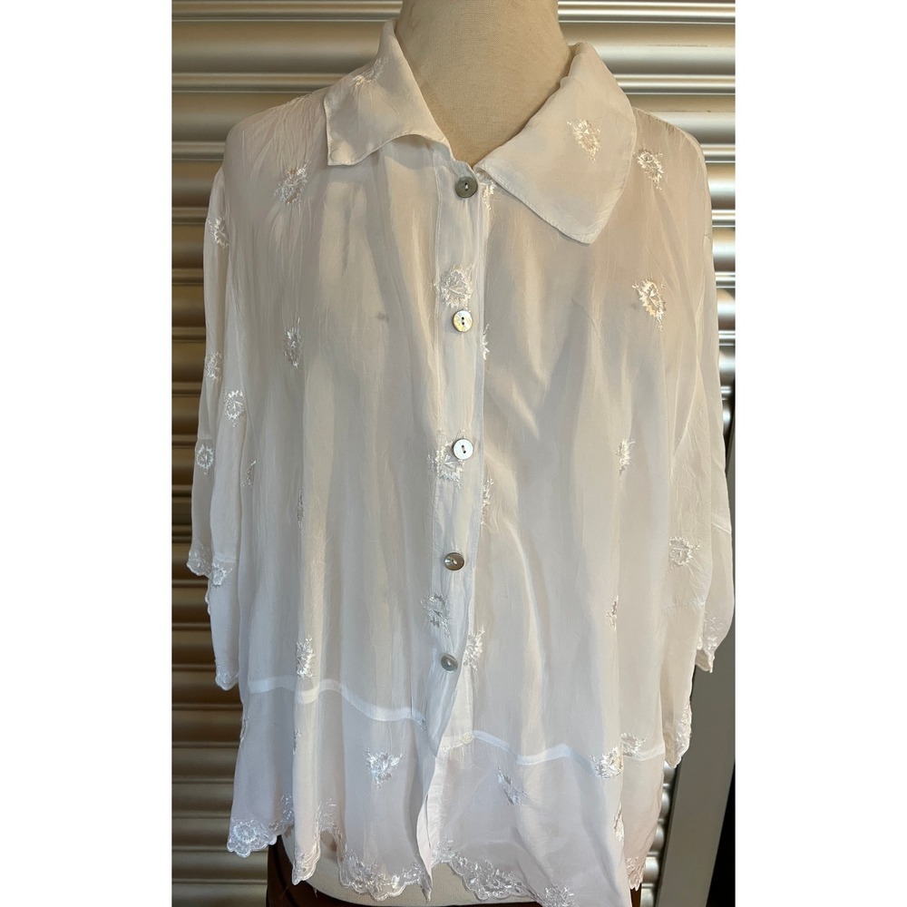 Johnny Was Sheer White Embroidered Scalloped Lace Hem Button Up Blouse 1X